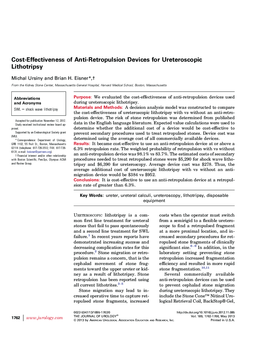 Cost-Effectiveness of Anti-Retropulsion Devices for Ureteroscopic Lithotripsy