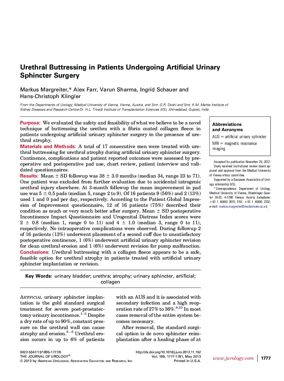 Urethral Buttressing in Patients Undergoing Artificial Urinary Sphincter Surgery 