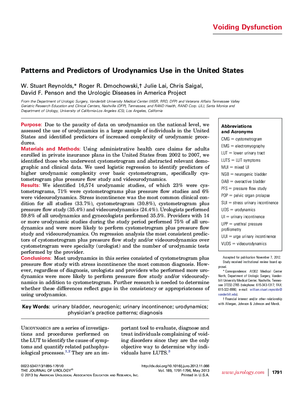 Patterns and Predictors of Urodynamics Use in the United States