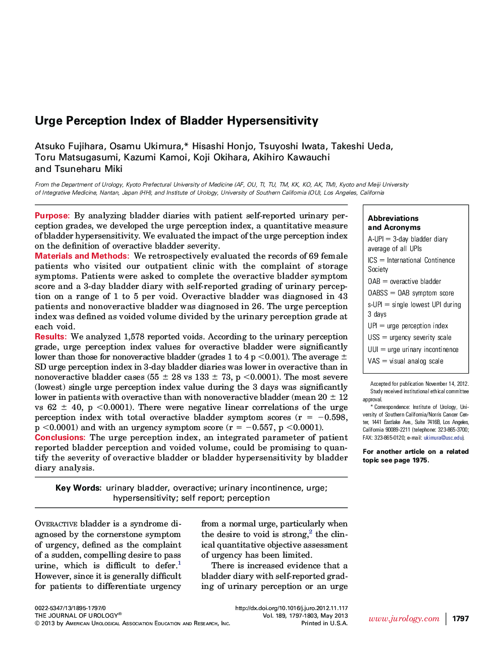 Urge Perception Index of Bladder Hypersensitivity 