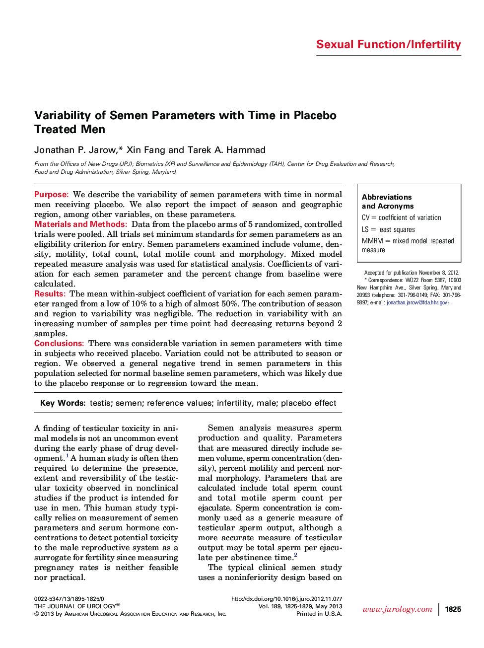 Variability of Semen Parameters with Time in Placebo Treated Men