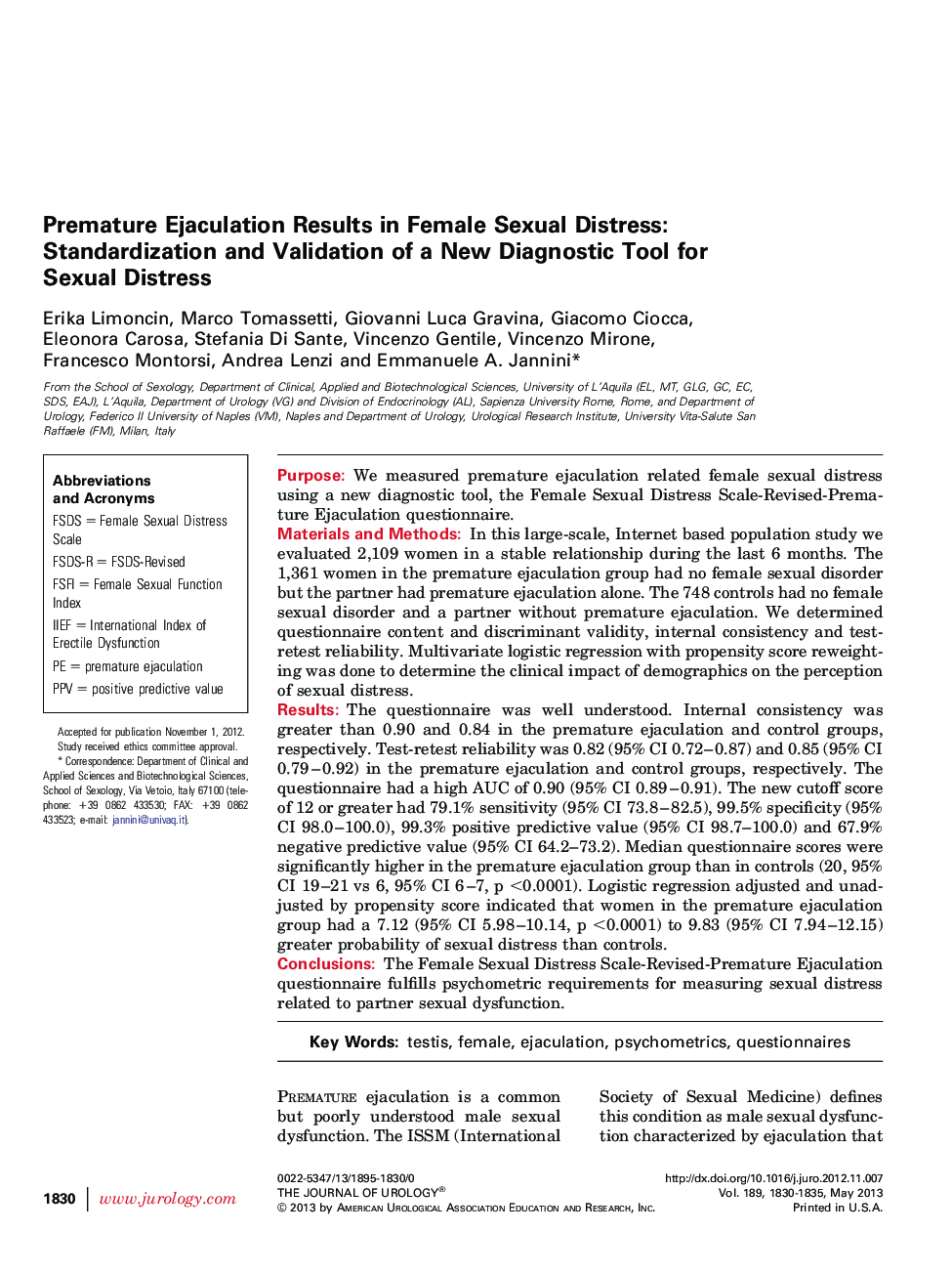 Premature Ejaculation Results in Female Sexual Distress: Standardization and Validation of a New Diagnostic Tool for Sexual Distress 