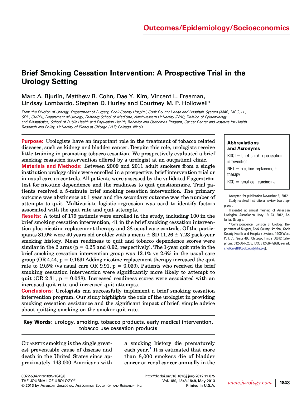 Brief Smoking Cessation Intervention: A Prospective Trial in the Urology Setting