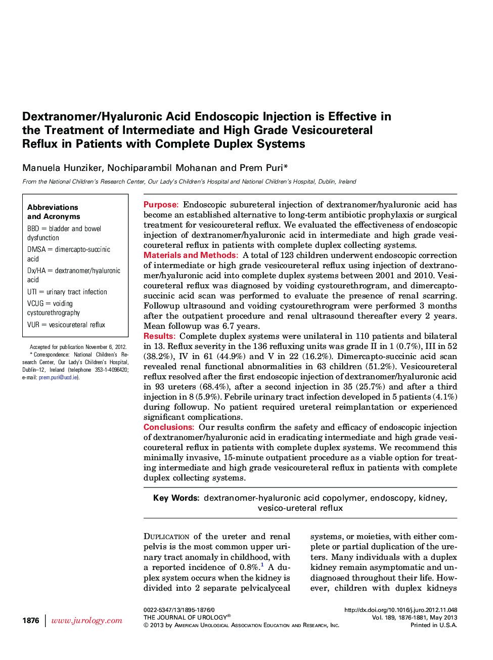 Dextranomer/Hyaluronic Acid Endoscopic Injection is Effective in the Treatment of Intermediate and High Grade Vesicoureteral Reflux in Patients with Complete Duplex Systems