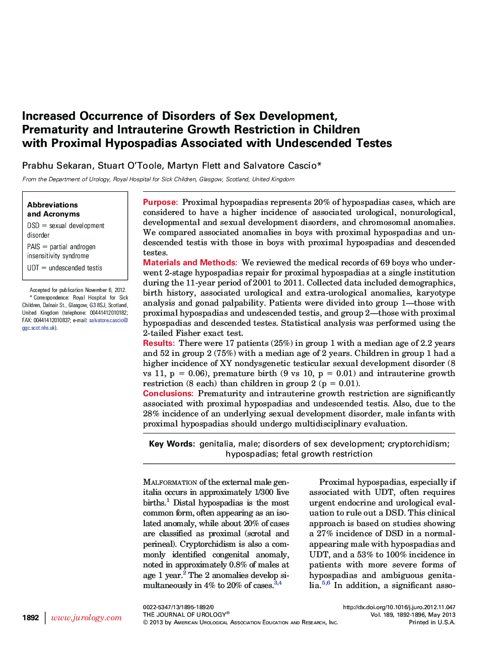 Increased Occurrence of Disorders of Sex Development, Prematurity and Intrauterine Growth Restriction in Children with Proximal Hypospadias Associated with Undescended Testes