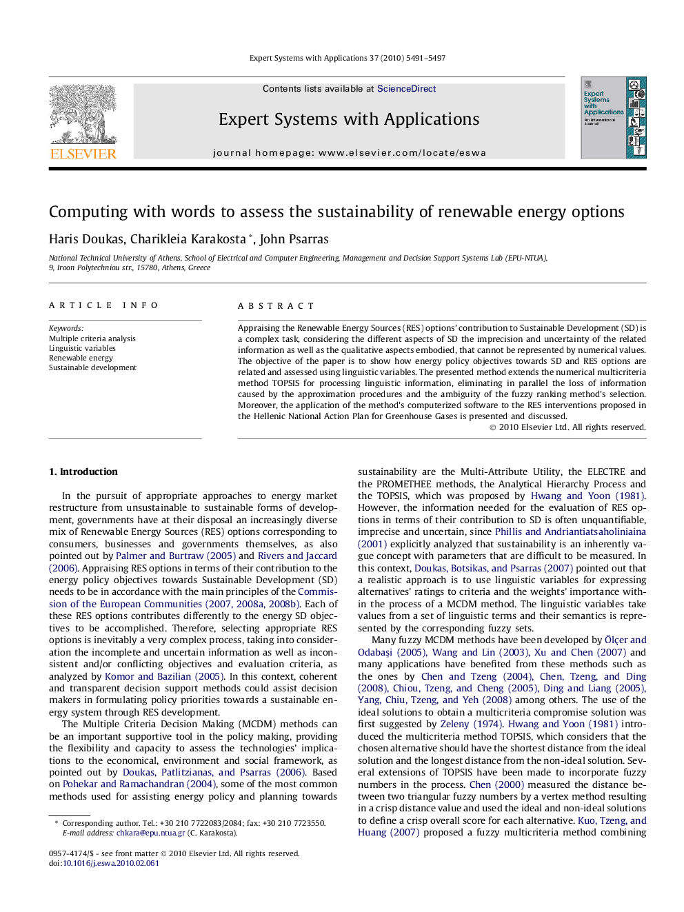 عکس صفحه اول مقاله: Computing with words to assess the sustainability of renewable energy options Computing with words to assess the sustainability of renewable energy options