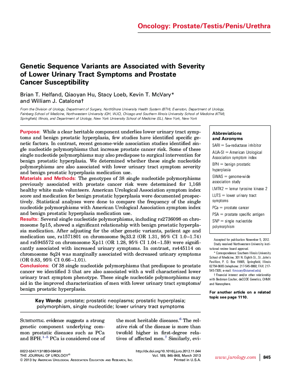 Genetic Sequence Variants are Associated with Severity of Lower Urinary Tract Symptoms and Prostate Cancer Susceptibility 