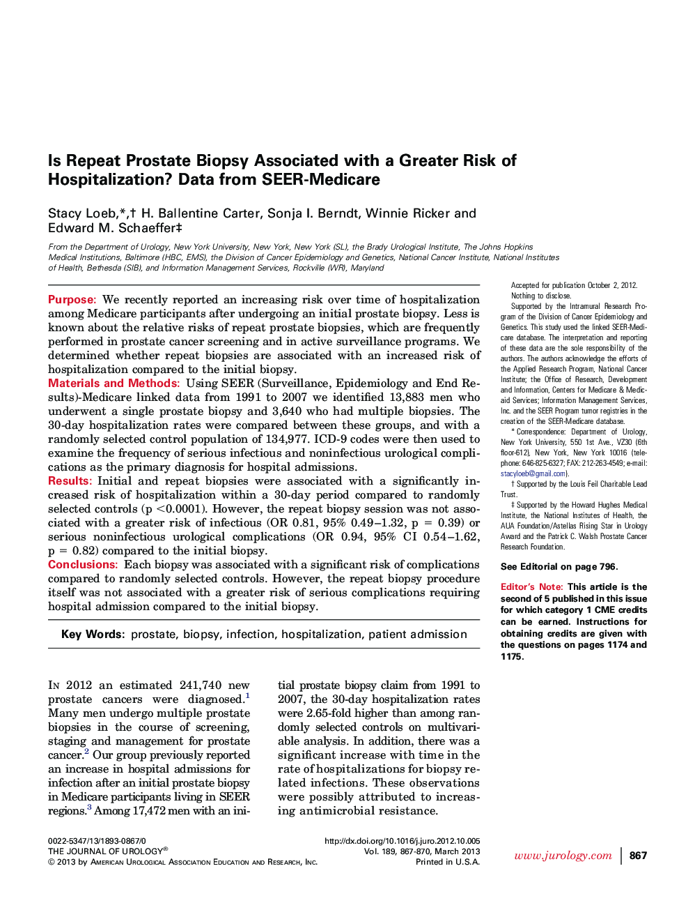 Is Repeat Prostate Biopsy Associated with a Greater Risk of Hospitalization? Data from SEER-Medicare 