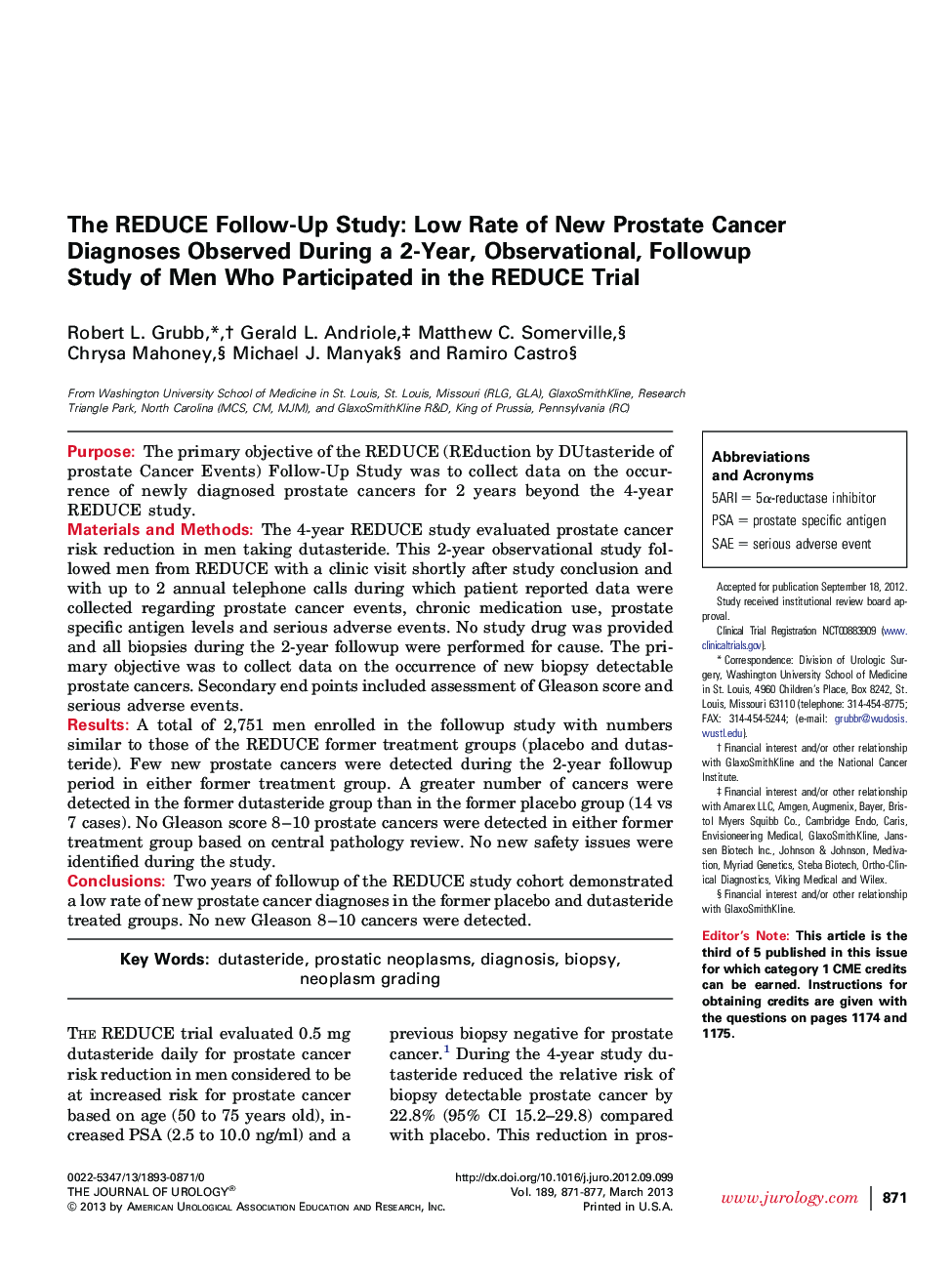 The REDUCE Follow-Up Study: Low Rate of New Prostate Cancer Diagnoses Observed During a 2-Year, Observational, Followup Study of Men Who Participated in the REDUCE Trial 