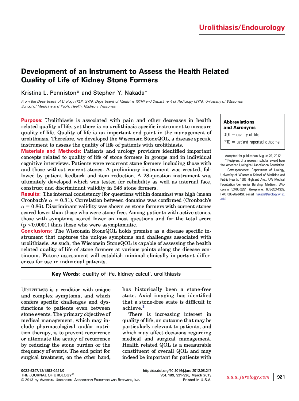 Development of an Instrument to Assess the Health Related Quality of Life of Kidney Stone Formers