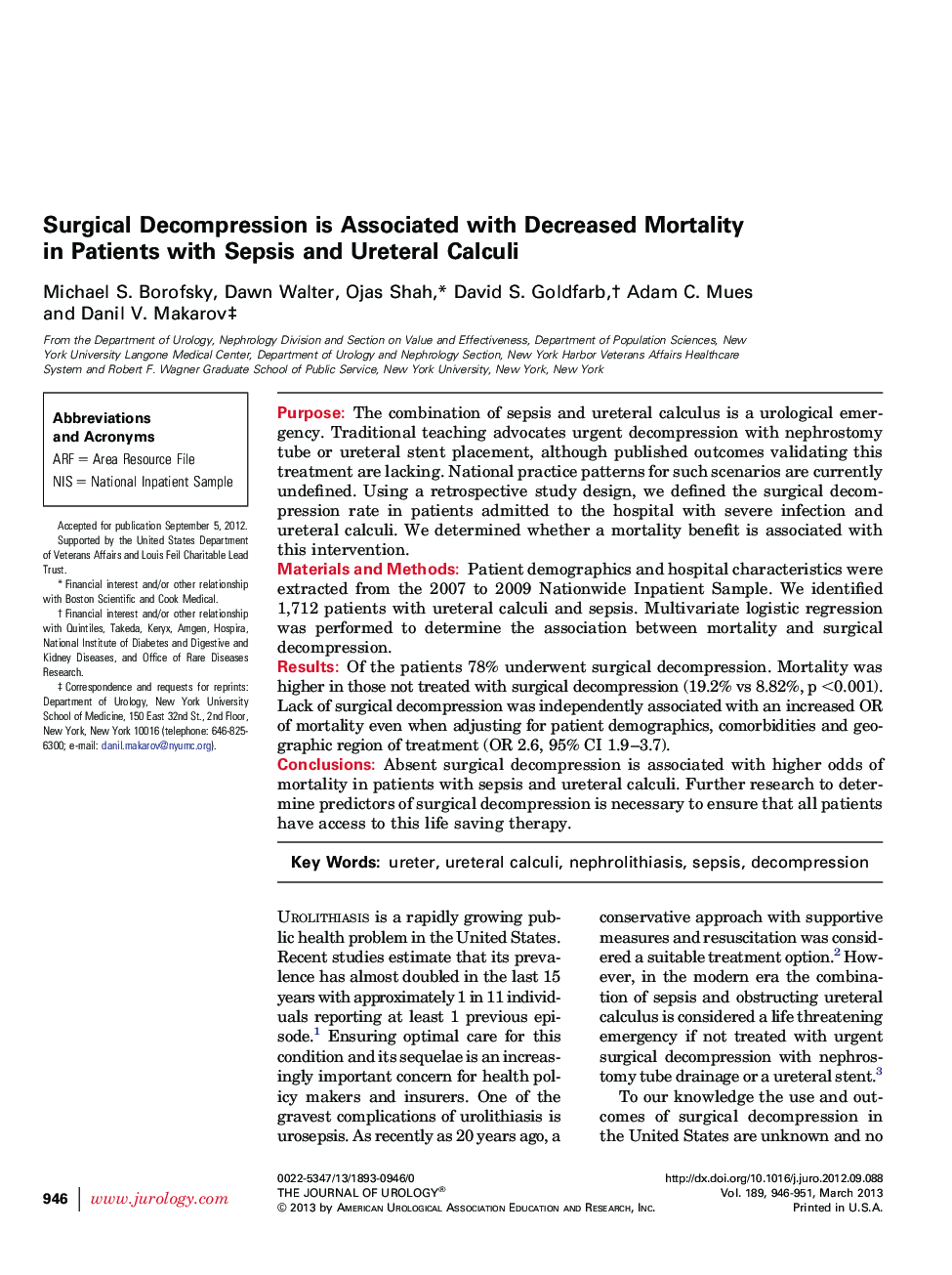 Surgical Decompression is Associated with Decreased Mortality in Patients with Sepsis and Ureteral Calculi 