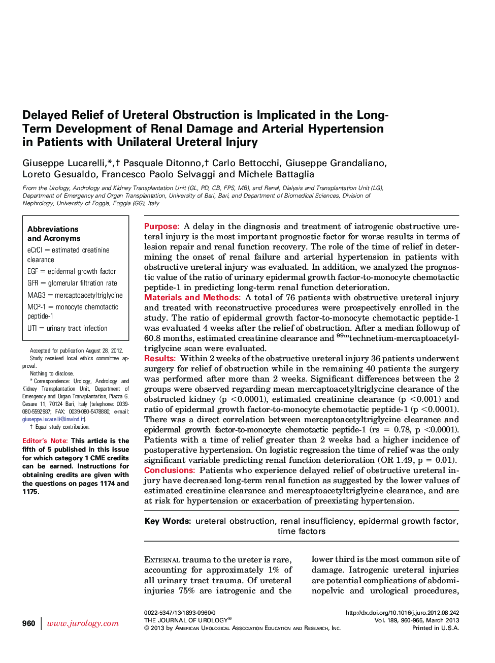 Delayed Relief of Ureteral Obstruction is Implicated in the Long-Term Development of Renal Damage and Arterial Hypertension in Patients with Unilateral Ureteral Injury 