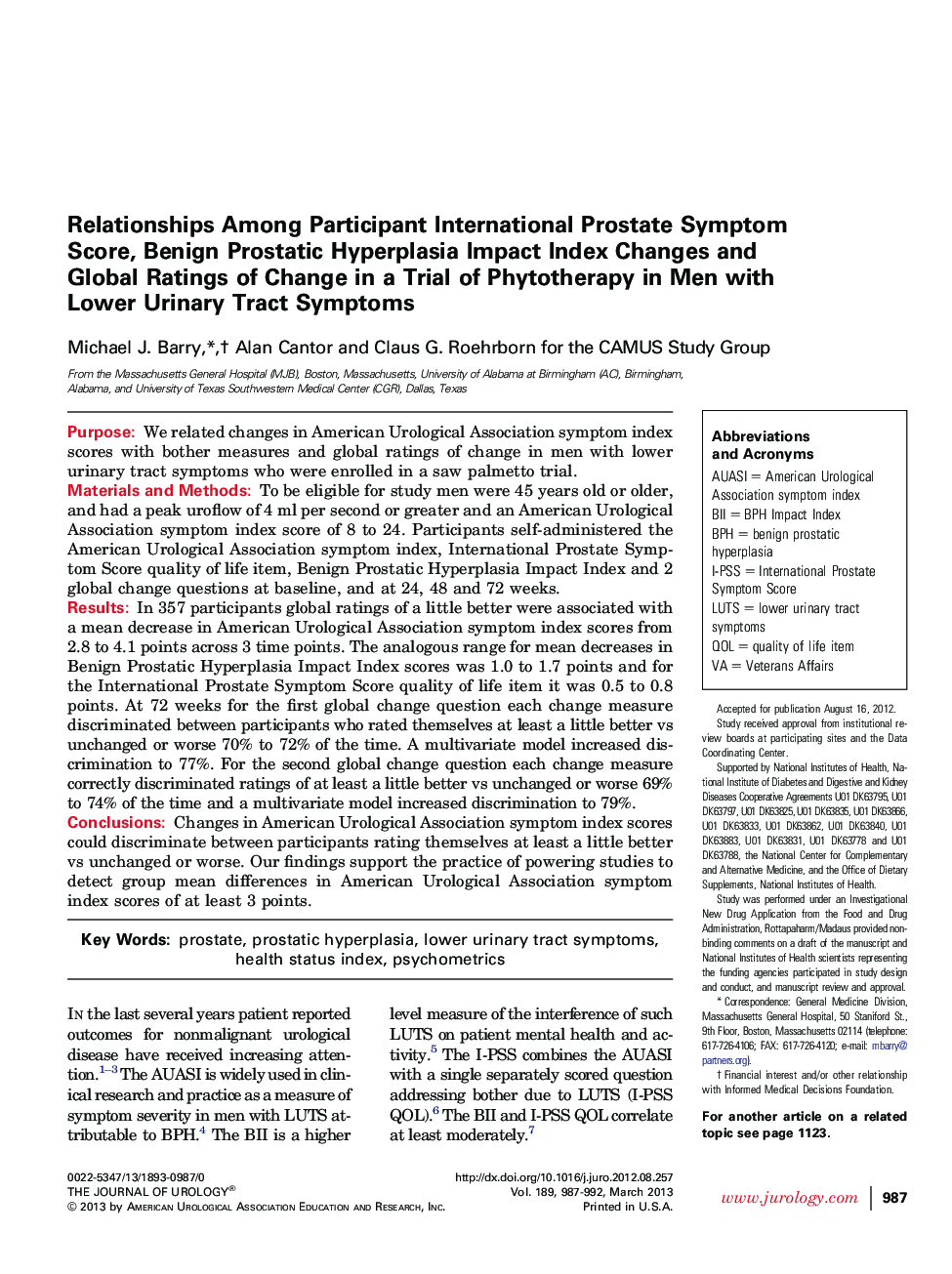 Relationships Among Participant International Prostate Symptom Score, Benign Prostatic Hyperplasia Impact Index Changes and Global Ratings of Change in a Trial of Phytotherapy in Men with Lower Urinary Tract Symptoms 