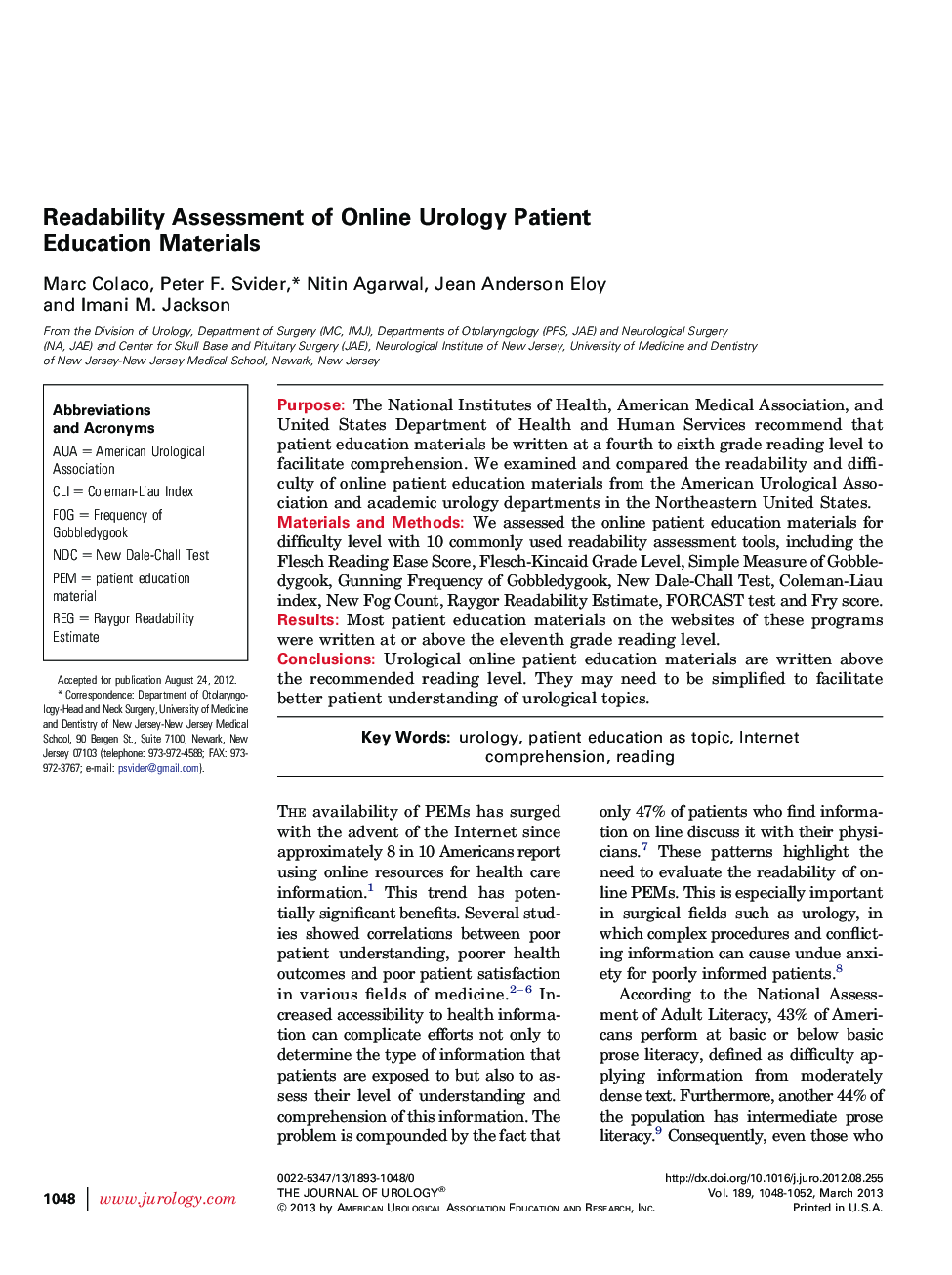 Readability Assessment of Online Urology Patient Education Materials