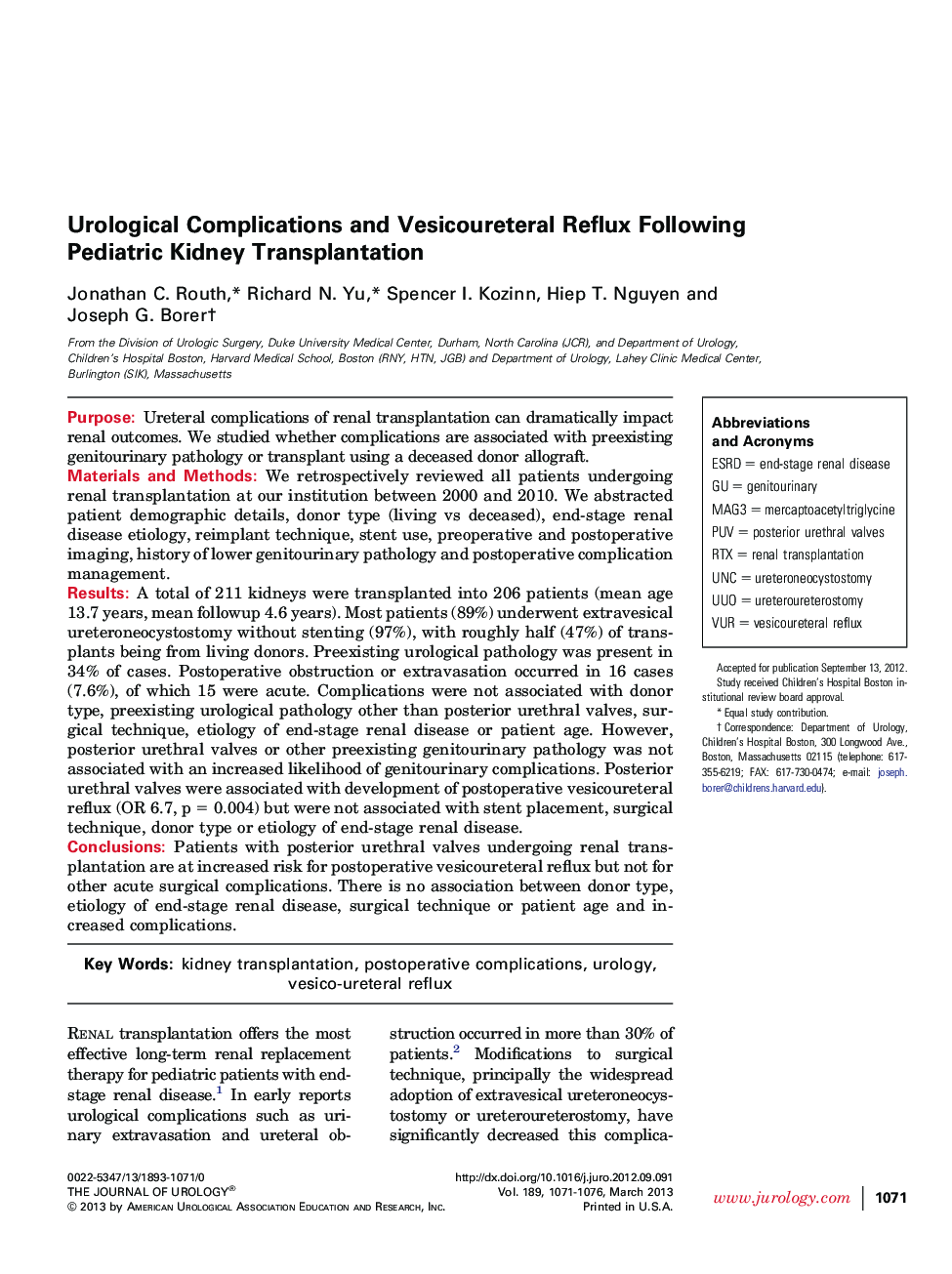 Urological Complications and Vesicoureteral Reflux Following Pediatric Kidney Transplantation