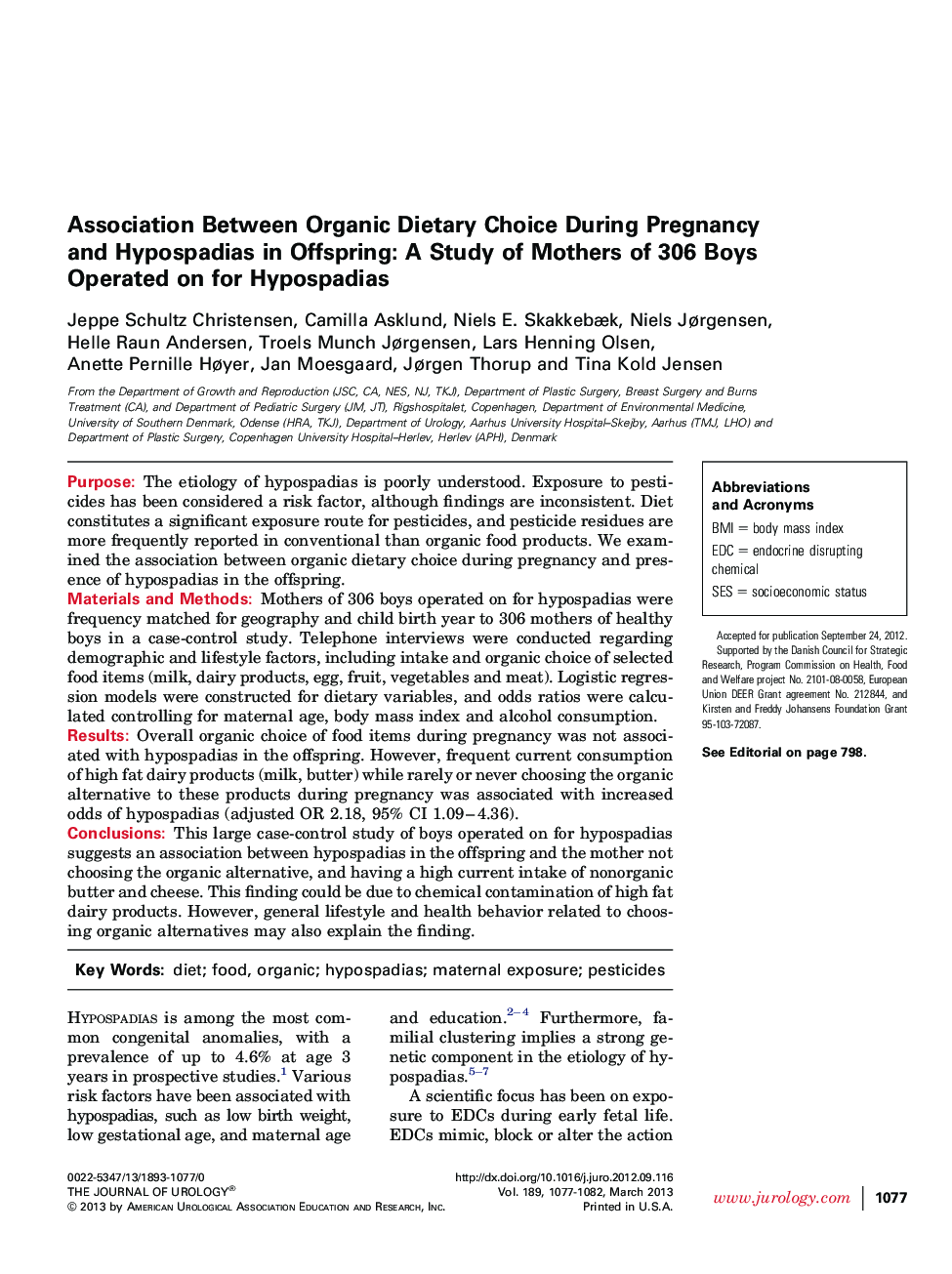 Association Between Organic Dietary Choice During Pregnancy and Hypospadias in Offspring: A Study of Mothers of 306 Boys Operated on for Hypospadias 