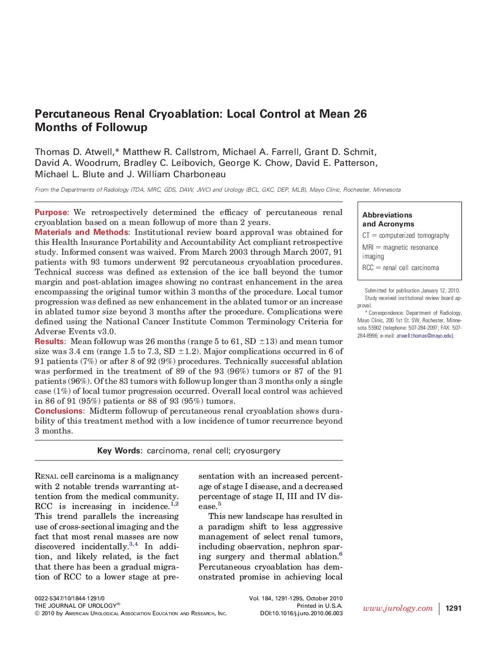 Percutaneous Renal Cryoablation: Local Control at Mean 26 Months of Followup 