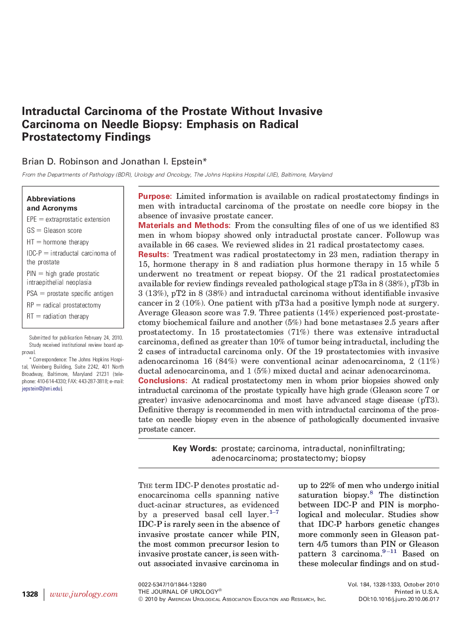 Intraductal Carcinoma of the Prostate Without Invasive Carcinoma on Needle Biopsy: Emphasis on Radical Prostatectomy Findings 