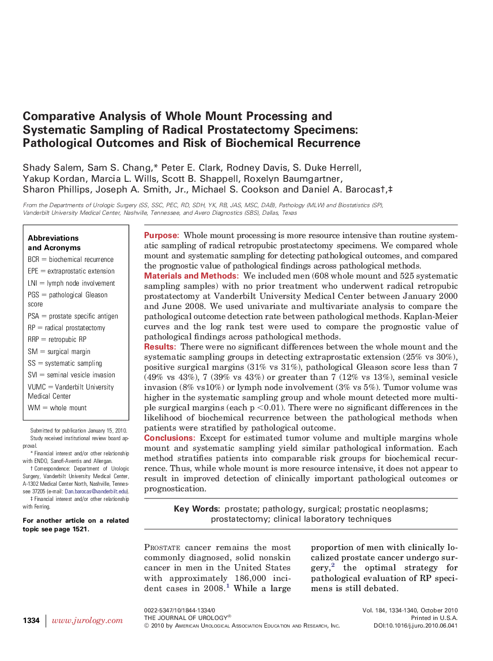 Comparative Analysis of Whole Mount Processing and Systematic Sampling of Radical Prostatectomy Specimens: Pathological Outcomes and Risk of Biochemical Recurrence