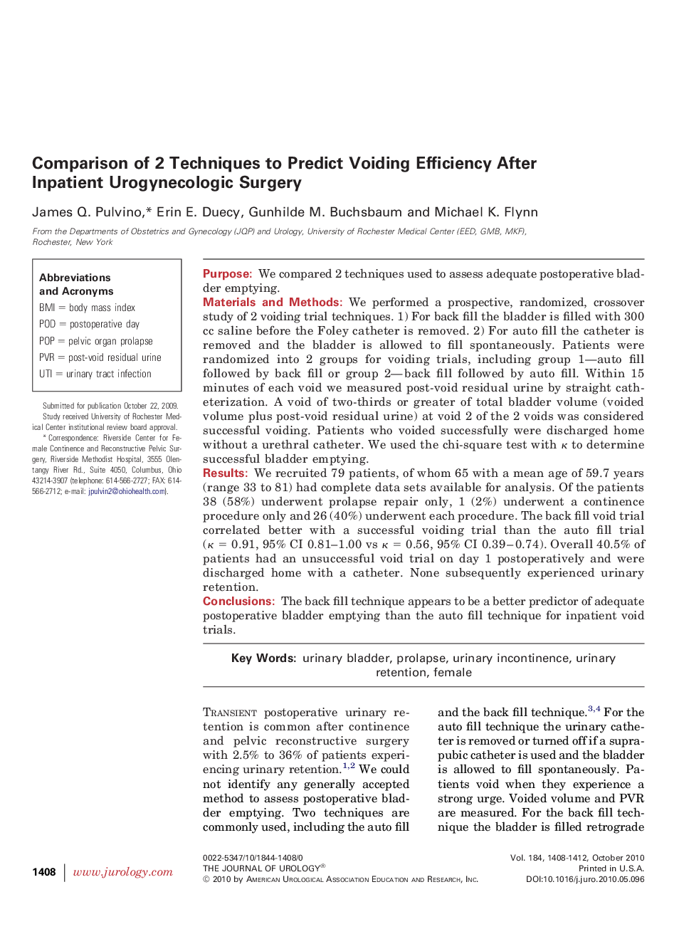 Comparison of 2 Techniques to Predict Voiding Efficiency After Inpatient Urogynecologic Surgery