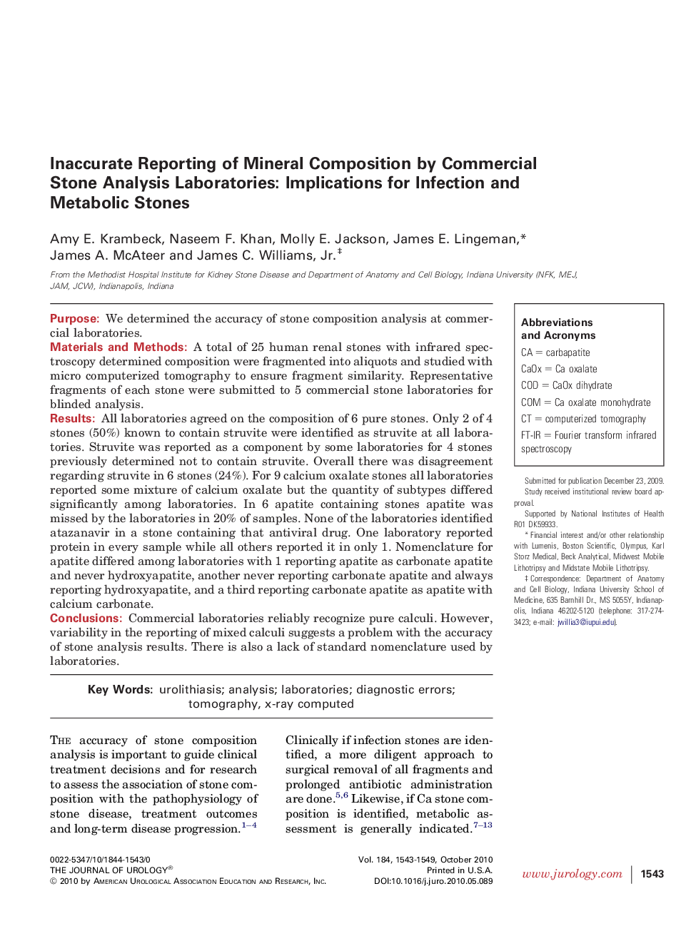 Inaccurate Reporting of Mineral Composition by Commercial Stone Analysis Laboratories: Implications for Infection and Metabolic Stones 