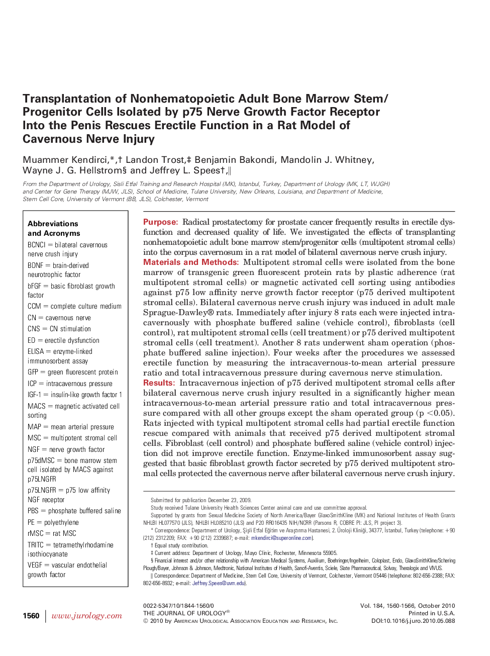 Transplantation of Nonhematopoietic Adult Bone Marrow Stem/Progenitor Cells Isolated by p75 Nerve Growth Factor Receptor Into the Penis Rescues Erectile Function in a Rat Model of Cavernous Nerve Injury