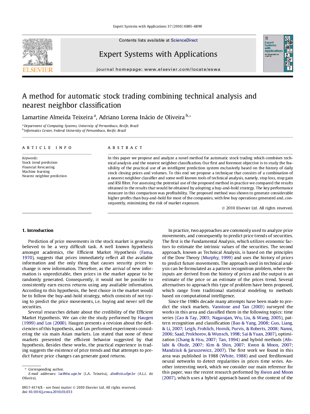 A method for automatic stock trading combining technical analysis and nearest neighbor classification