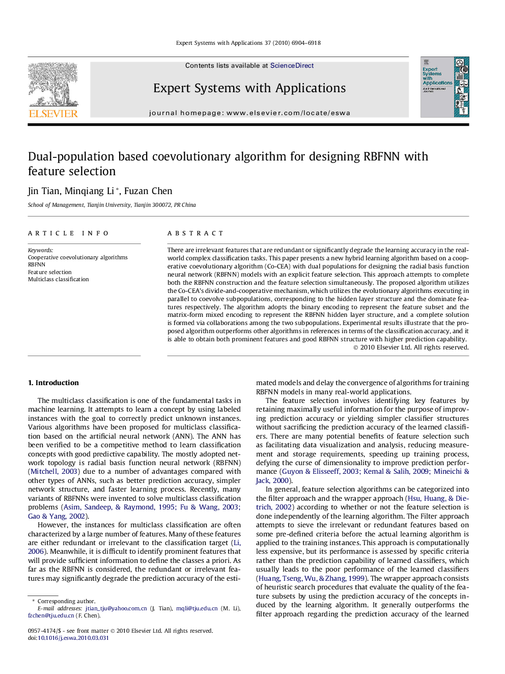 Dual-population based coevolutionary algorithm for designing RBFNN with feature selection