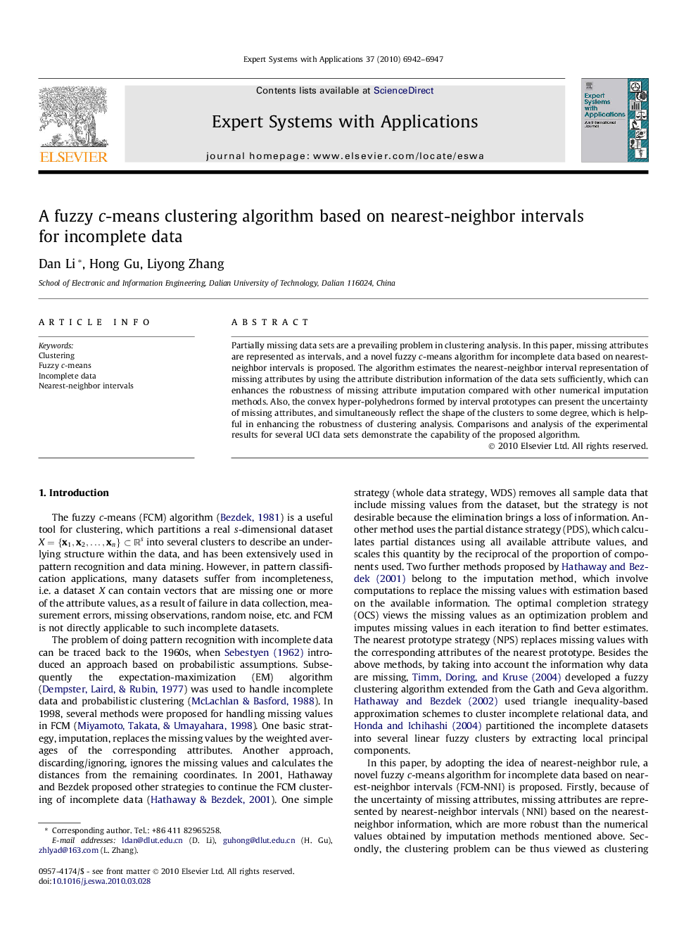 A fuzzy c-means clustering algorithm based on nearest-neighbor intervals for incomplete data