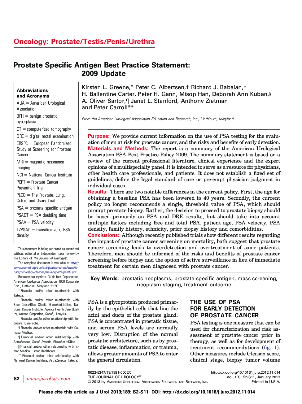 Prostate Specific Antigen Best Practice Statement: 2009 Update 