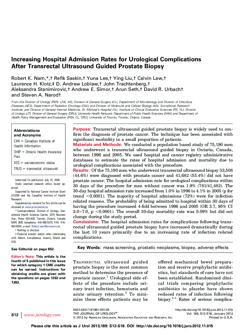 Increasing Hospital Admission Rates for Urological Complications After Transrectal Ultrasound Guided Prostate Biopsy 