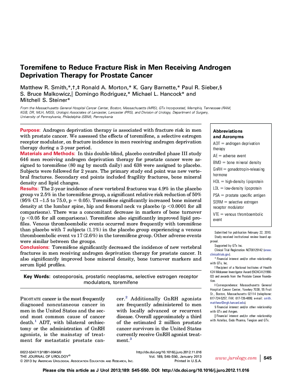 Toremifene to Reduce Fracture Risk in Men Receiving Androgen Deprivation Therapy for Prostate Cancer