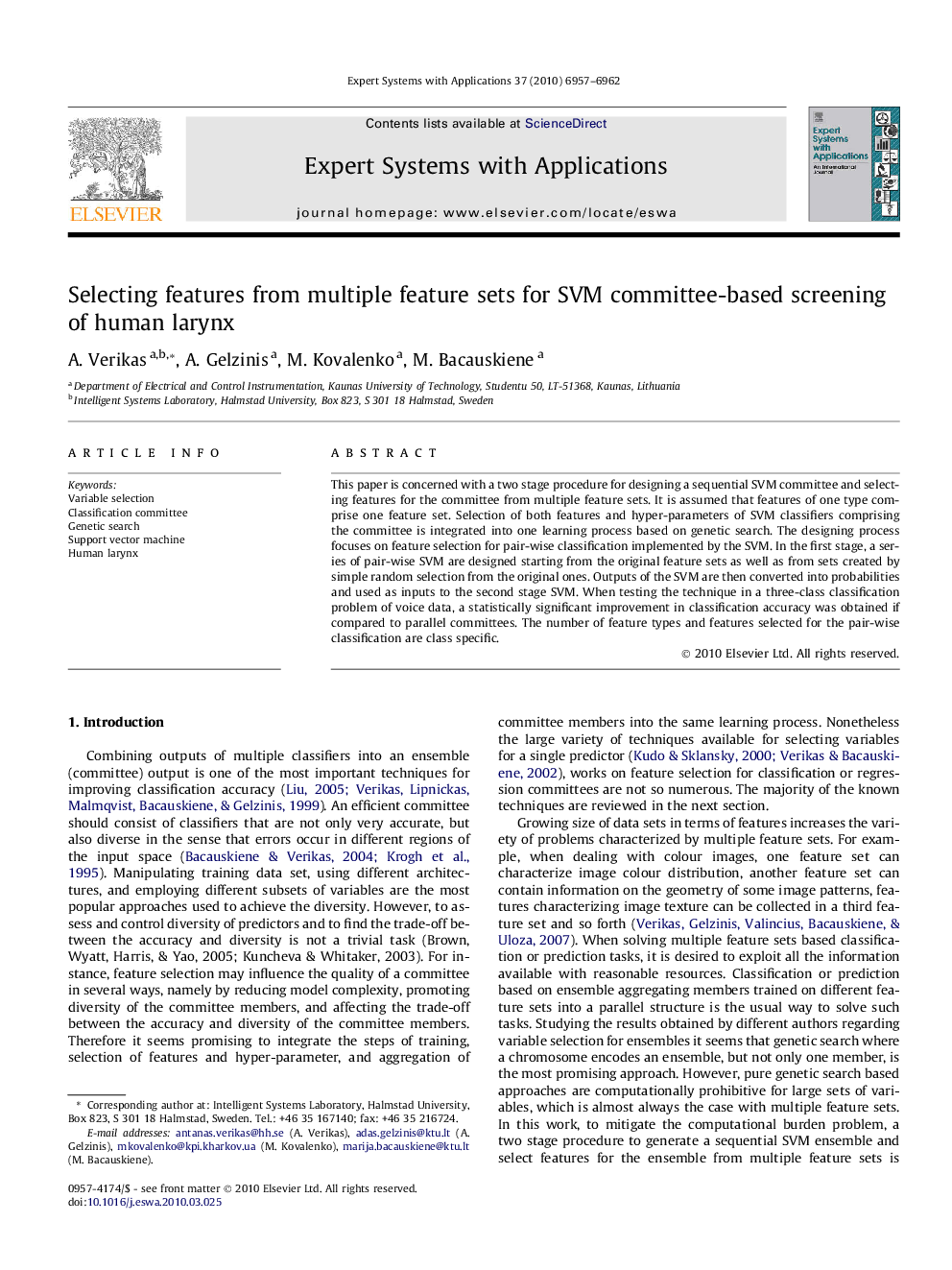 Selecting features from multiple feature sets for SVM committee-based screening of human larynx