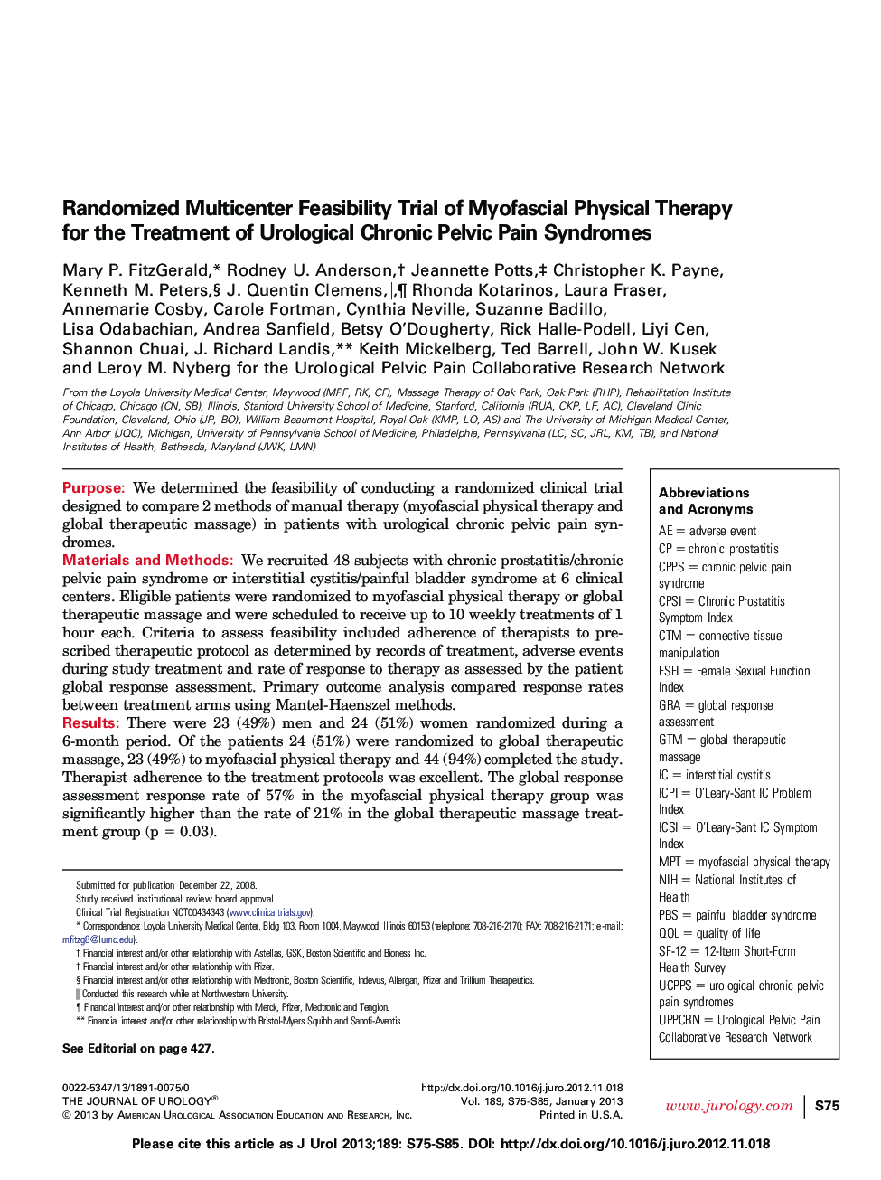 Randomized Multicenter Feasibility Trial of Myofascial Physical Therapy for the Treatment of Urological Chronic Pelvic Pain Syndromes 