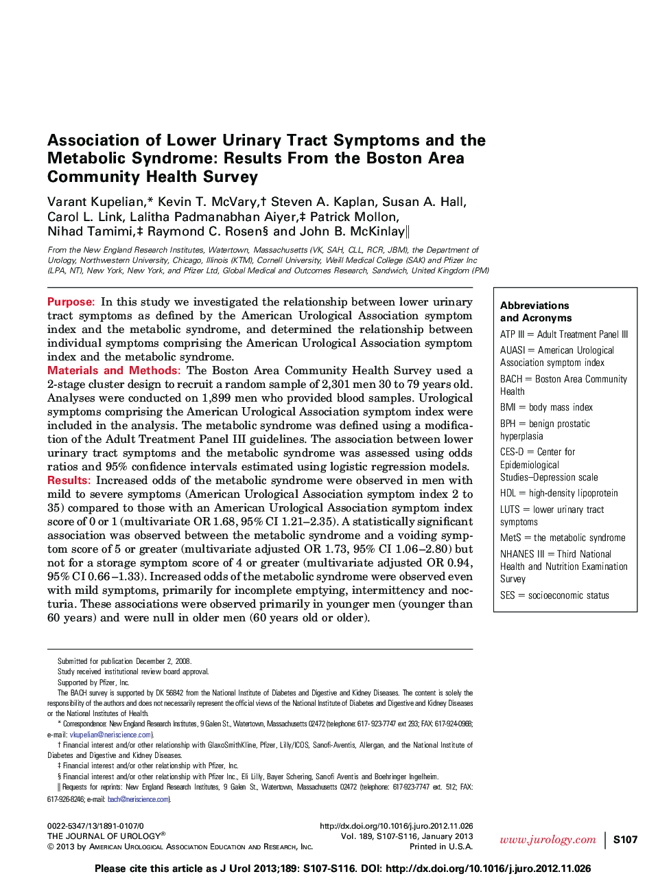 Association of Lower Urinary Tract Symptoms and the Metabolic Syndrome: Results From the Boston Area Community Health Survey 