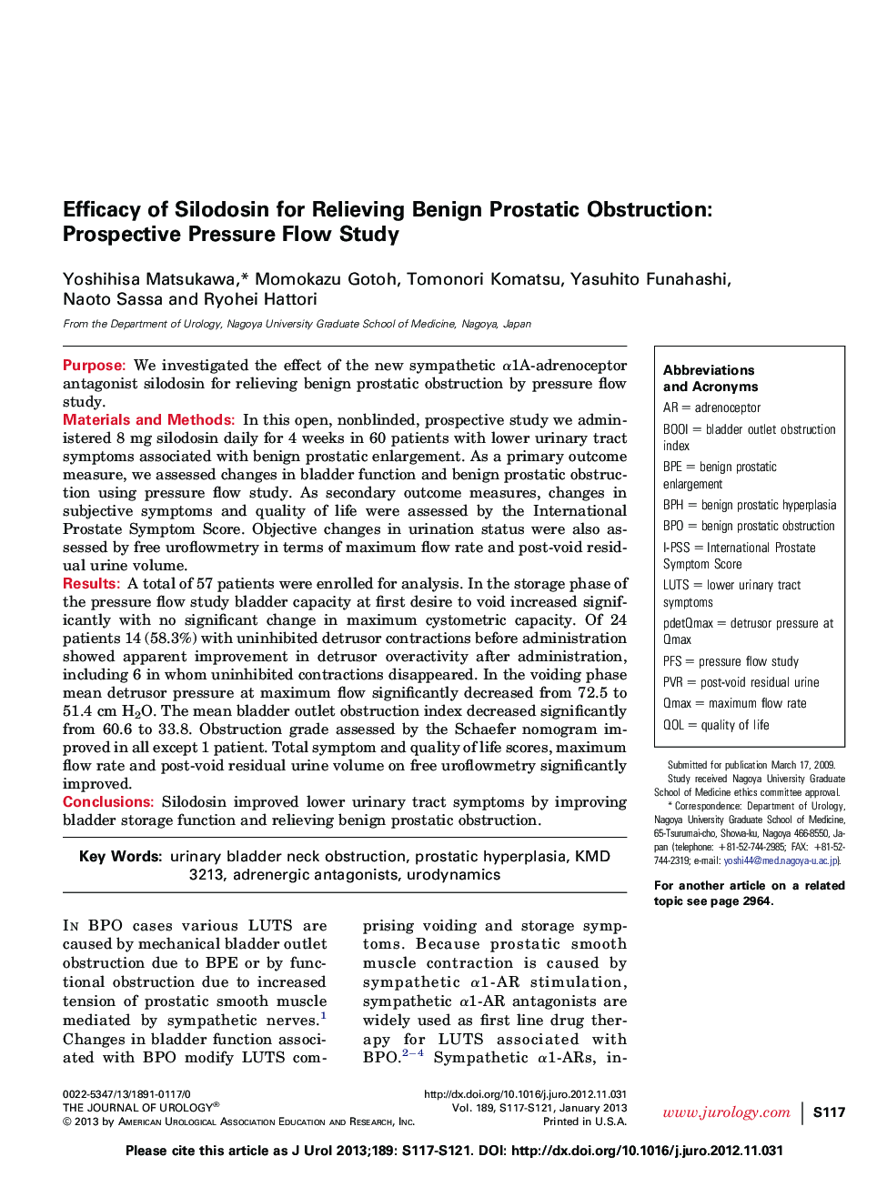 Efficacy of Silodosin for Relieving Benign Prostatic Obstruction: Prospective Pressure Flow Study 