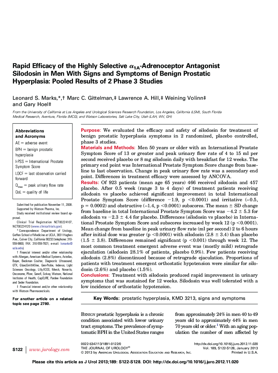 Rapid Efficacy of the Highly Selective Î±1A-Adrenoceptor Antagonist Silodosin in Men With Signs and Symptoms of Benign Prostatic Hyperplasia: Pooled Results of 2 Phase 3 Studies