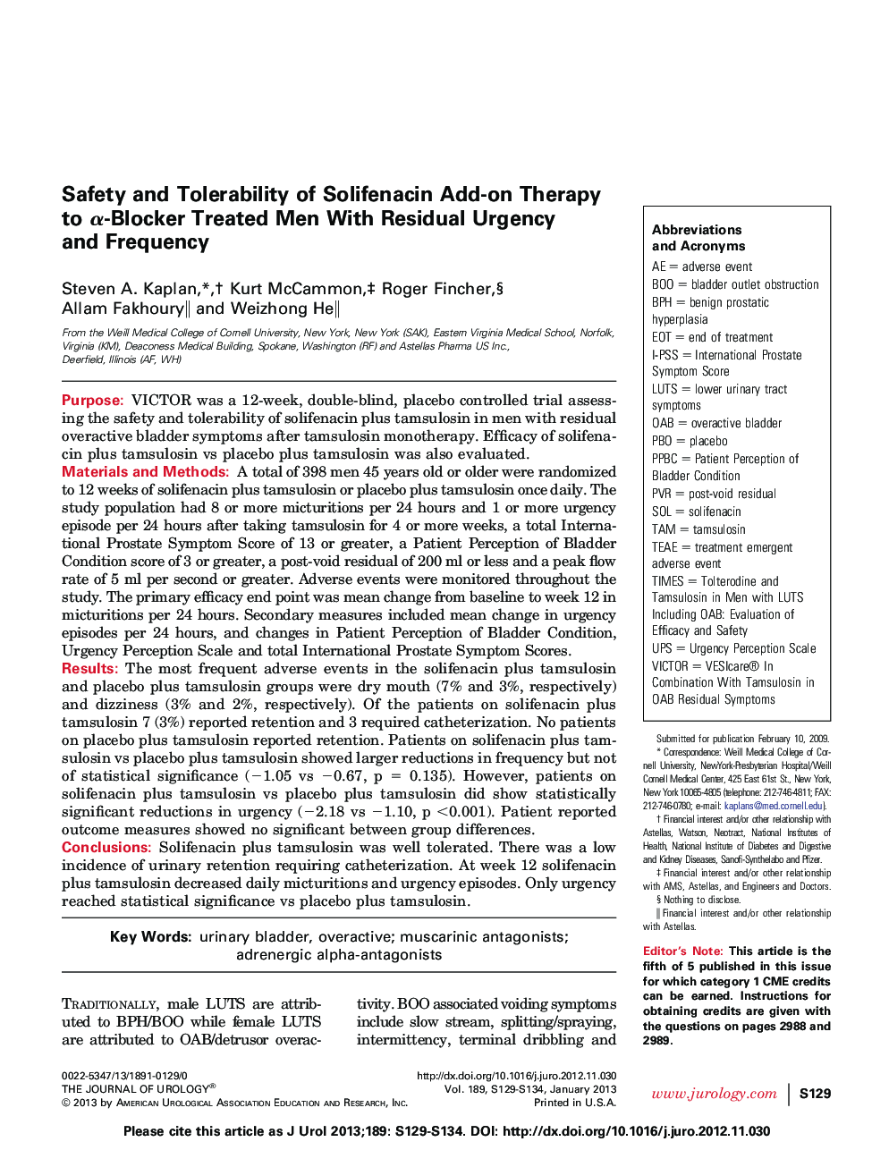 Safety and Tolerability of Solifenacin Add-on Therapy to Î±-Blocker Treated Men With Residual Urgency and Frequency