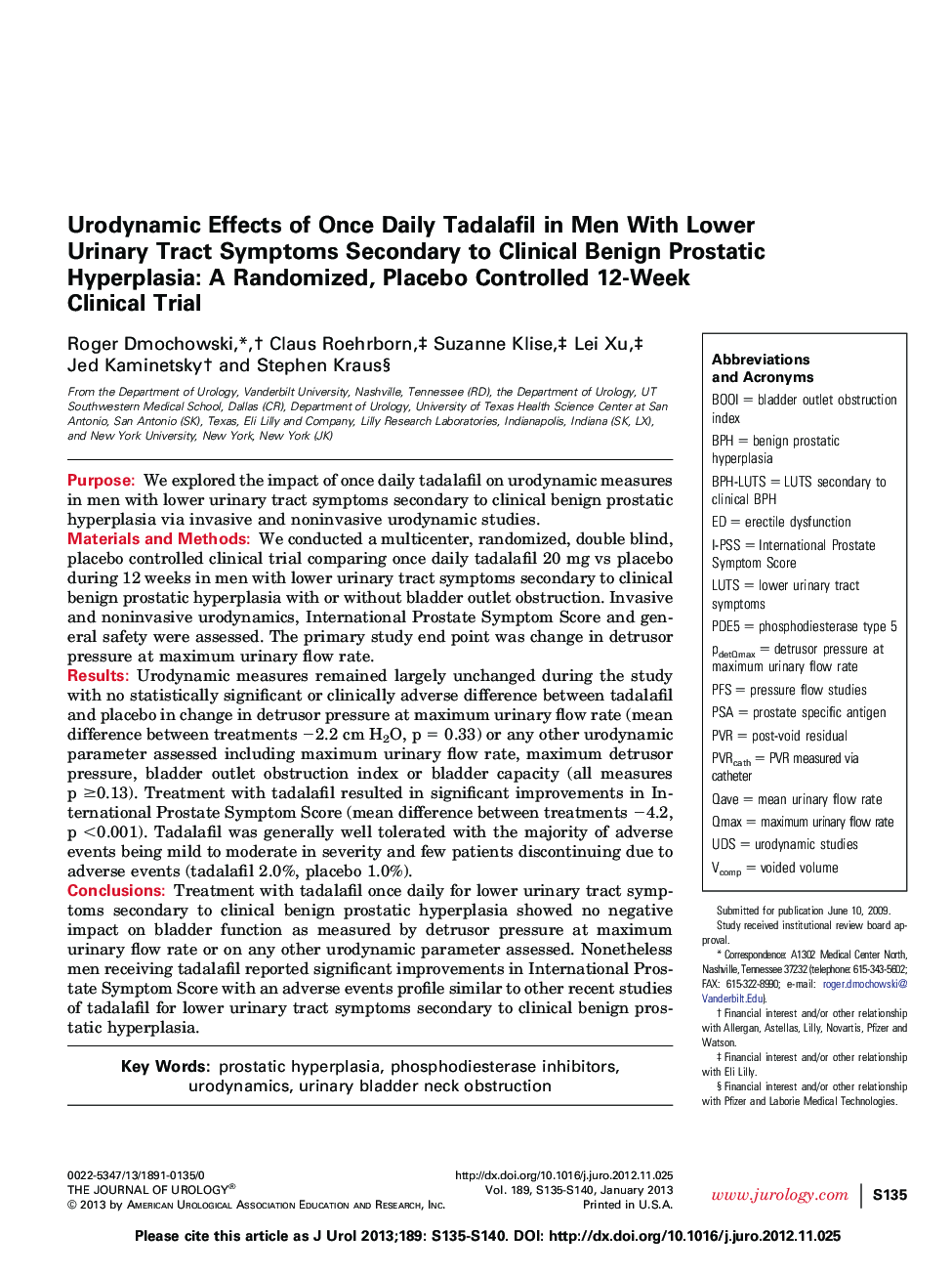 Urodynamic Effects of Once Daily Tadalafil in Men With Lower Urinary Tract Symptoms Secondary to Clinical Benign Prostatic Hyperplasia: A Randomized, Placebo Controlled 12-Week Clinical Trial
