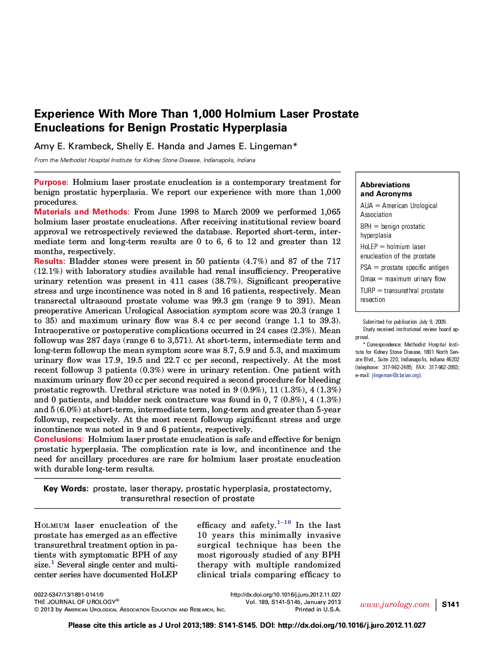 Experience With More Than 1,000 Holmium Laser Prostate Enucleations for Benign Prostatic Hyperplasia 