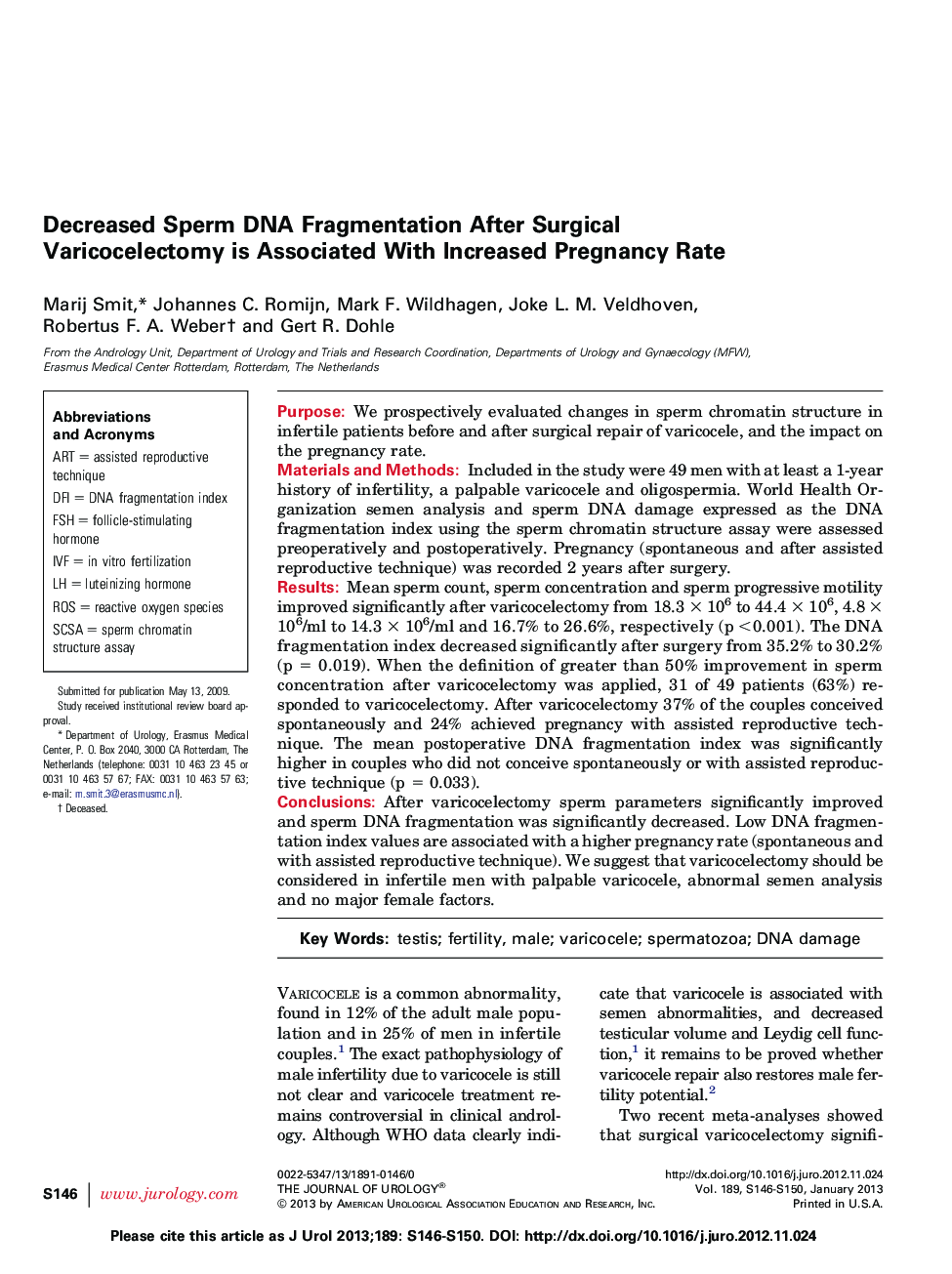 Decreased Sperm DNA Fragmentation After Surgical Varicocelectomy is Associated With Increased Pregnancy Rate 