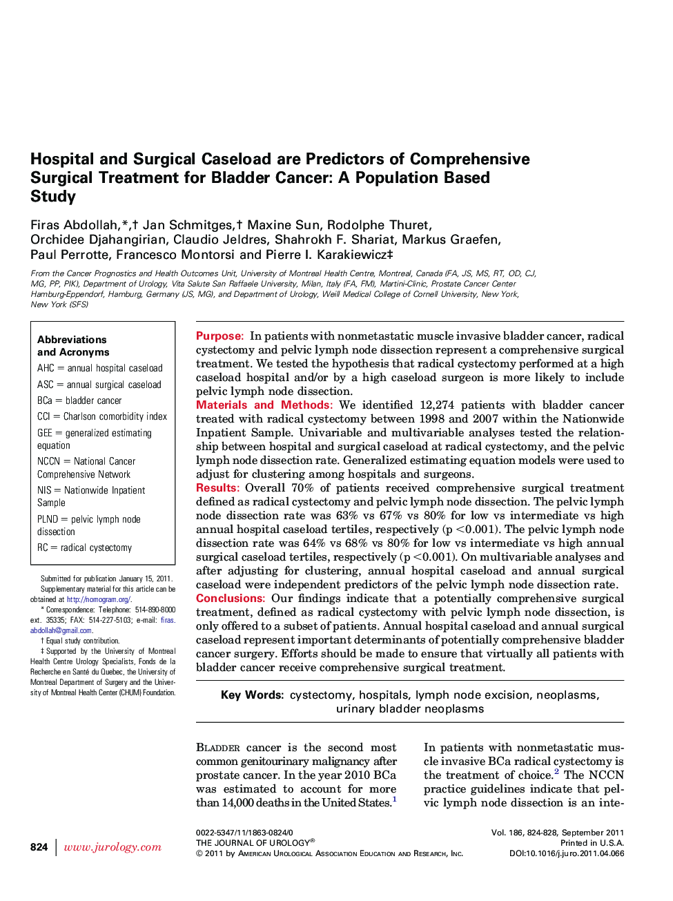 Hospital and Surgical Caseload are Predictors of Comprehensive Surgical Treatment for Bladder Cancer: A Population Based Study 