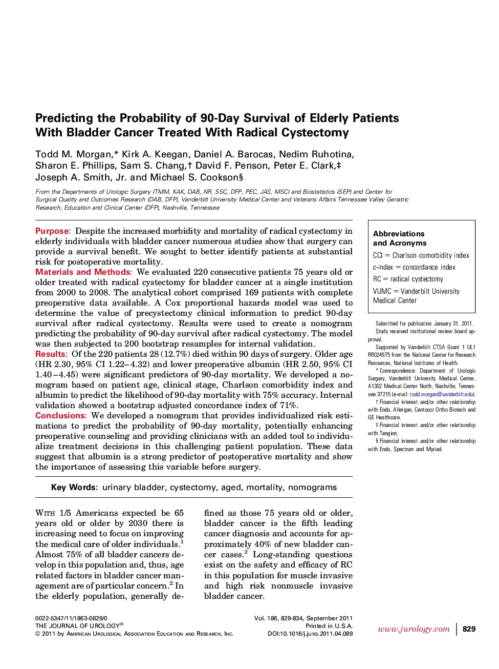 Predicting the Probability of 90-Day Survival of Elderly Patients With Bladder Cancer Treated With Radical Cystectomy