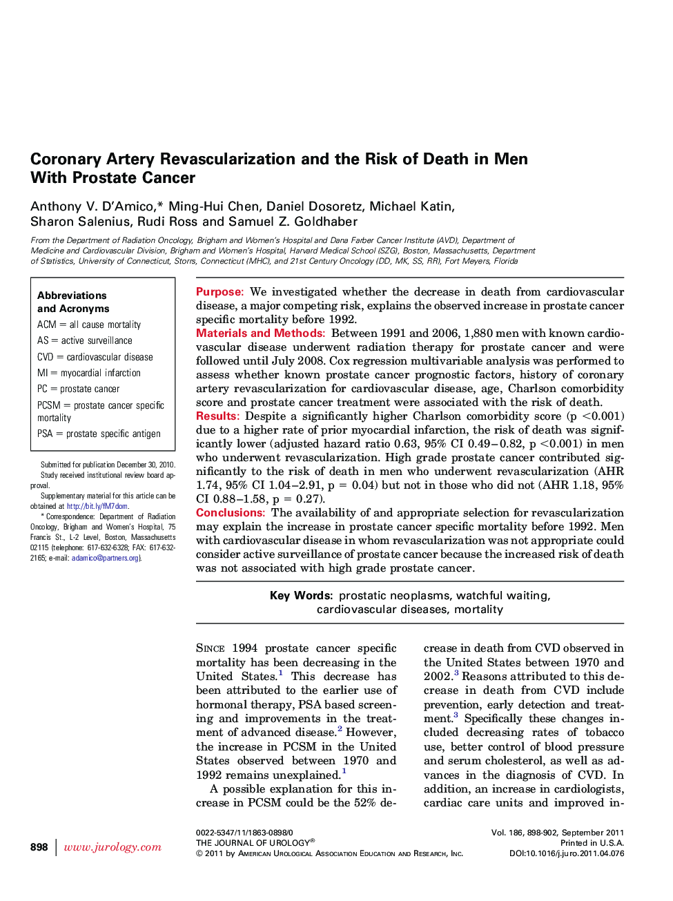 Coronary Artery Revascularization and the Risk of Death in Men With Prostate Cancer