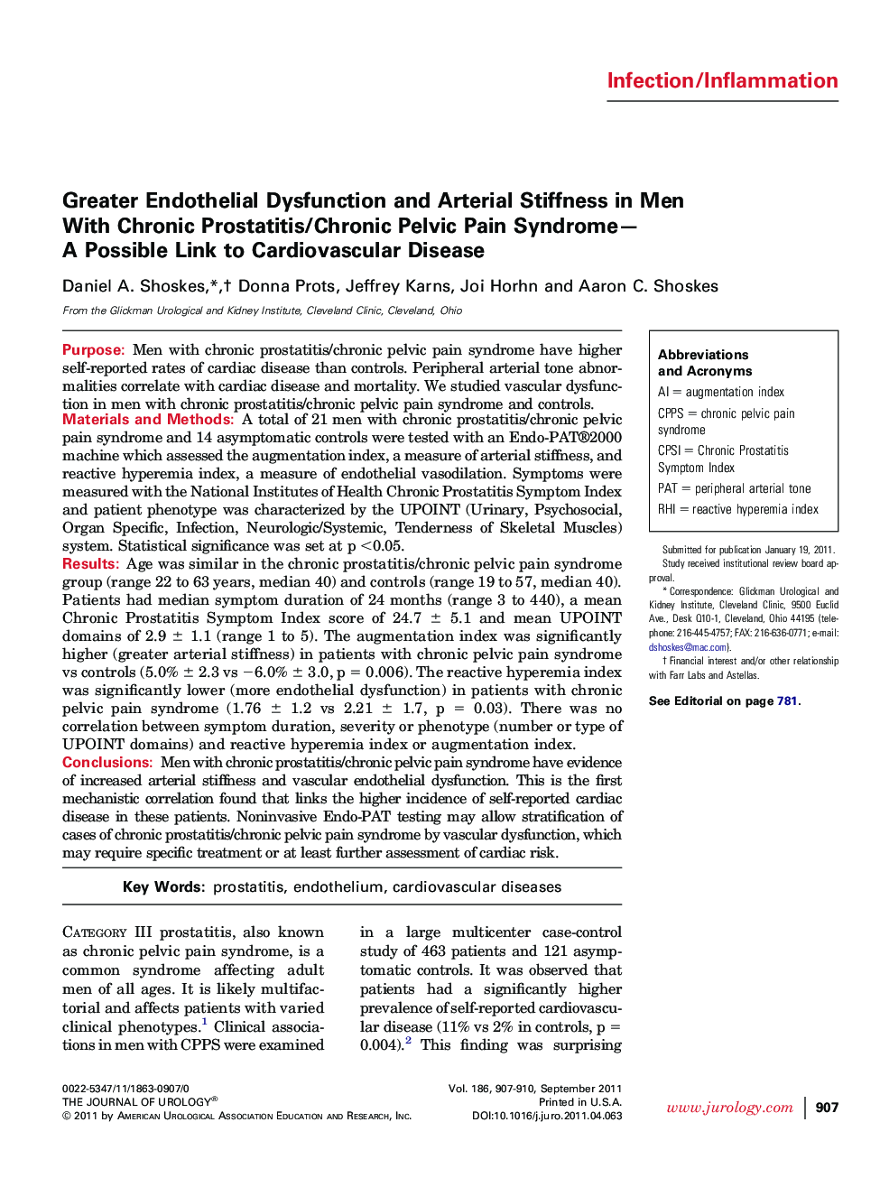 Greater Endothelial Dysfunction and Arterial Stiffness in Men With Chronic Prostatitis/Chronic Pelvic Pain Syndrome—A Possible Link to Cardiovascular Disease 