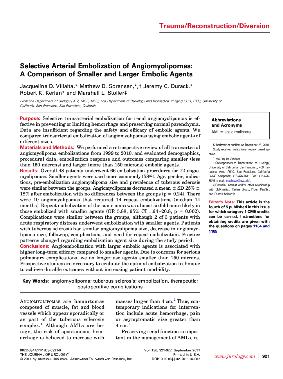 Selective Arterial Embolization of Angiomyolipomas: A Comparison of Smaller and Larger Embolic Agents 