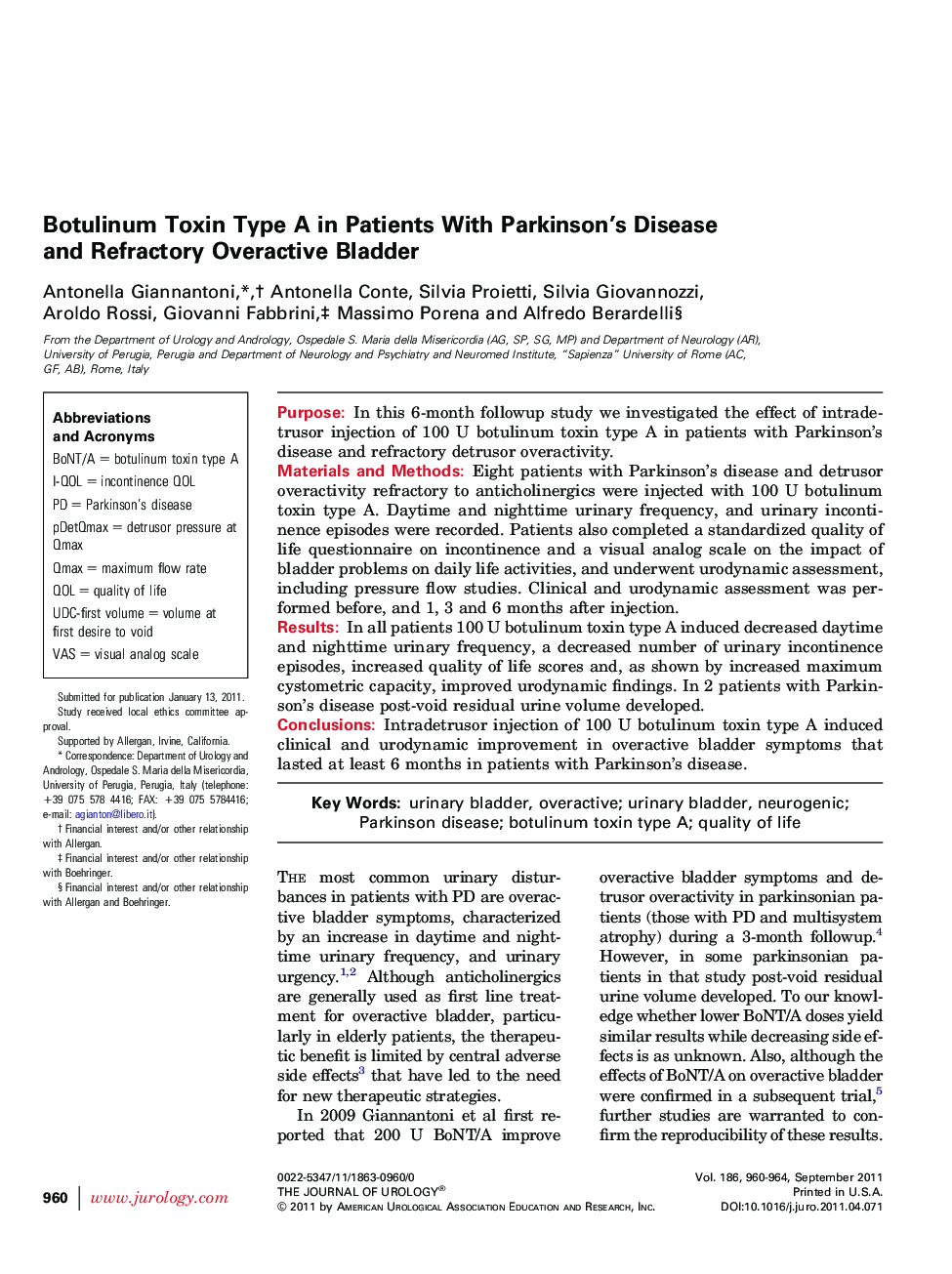 Botulinum Toxin Type A in Patients With Parkinson's Disease and Refractory Overactive Bladder 