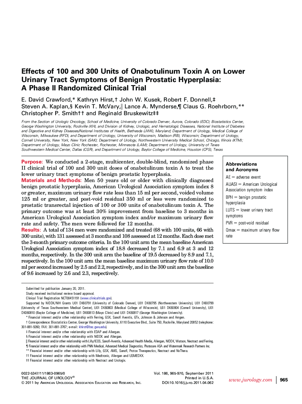 Effects of 100 and 300 Units of Onabotulinum Toxin A on Lower Urinary Tract Symptoms of Benign Prostatic Hyperplasia: A Phase II Randomized Clinical Trial