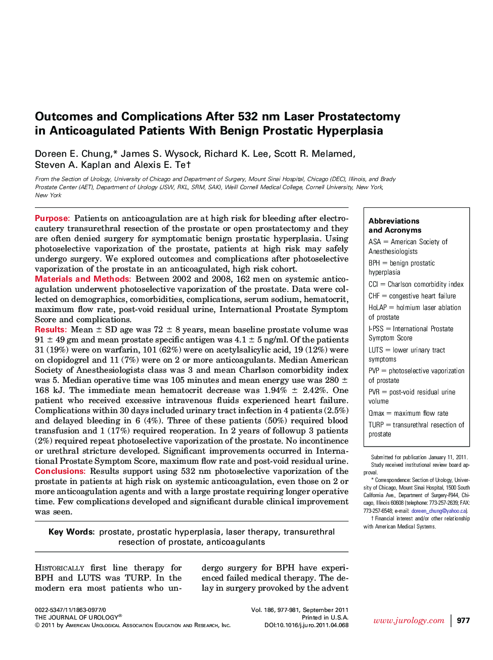 Outcomes and Complications After 532 nm Laser Prostatectomy in Anticoagulated Patients With Benign Prostatic Hyperplasia 