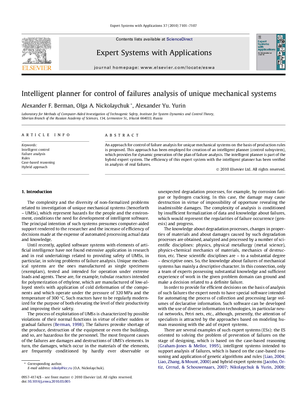 Intelligent planner for control of failures analysis of unique mechanical systems